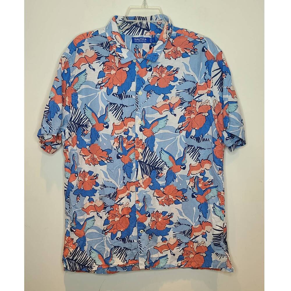 Nautica blue sail tropical / parrot print linen shirt - large